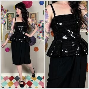 Vintage 1980s Sleeveless Black Sequins Peplum Cocktail Dress